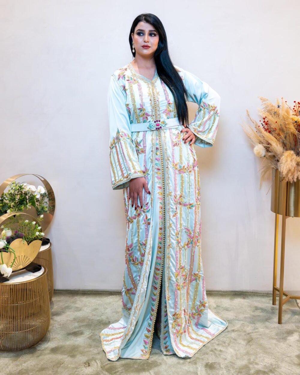 Caftan Blanc Perlé Multicolore