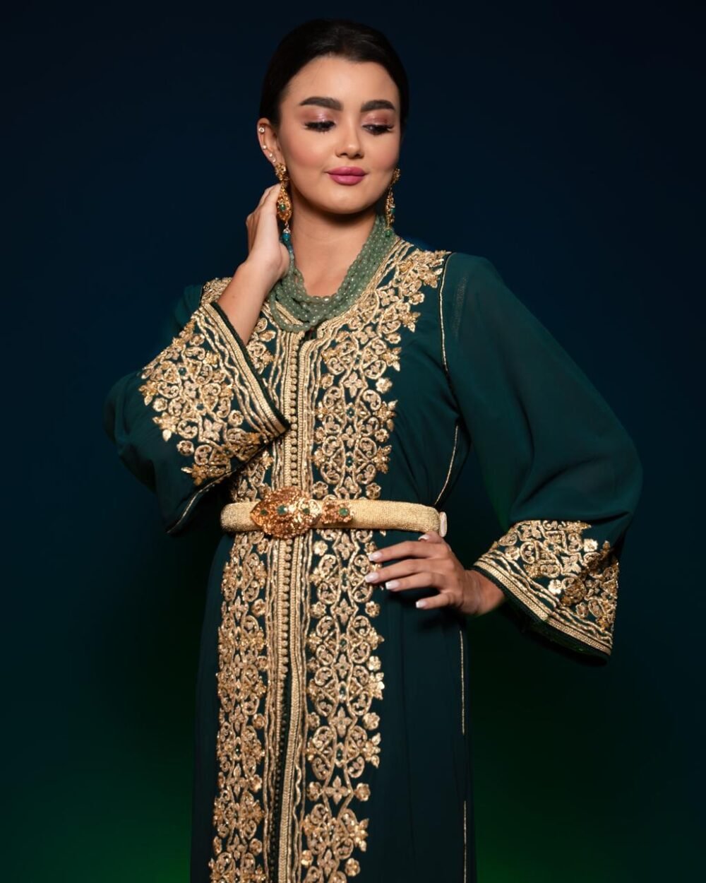 Caftan Mousseline Verte & Terz Rbati Doré